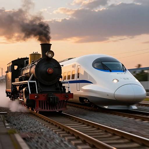 Photograph of a vintage black steam locomotive with billowing smoke alongside a modern white high-speed train on parallel tracks at sunset.