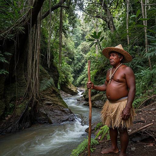 Spiritual Indigenous Man in Tropical Canyon