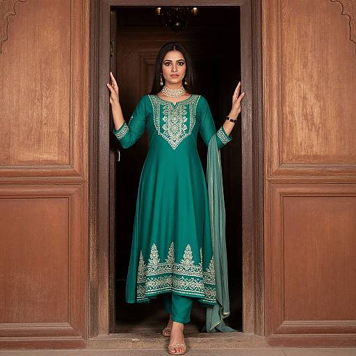 Photograph of a South Asian woman in a green traditional kurti with intricate white embroidery, standing in a wooden doorway.