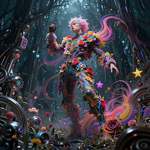 Digital artwork of a futuristic, pink-haired figure in a colorful, flower-adorned suit, surrounded by vibrant stars, flowers, and machinery in a