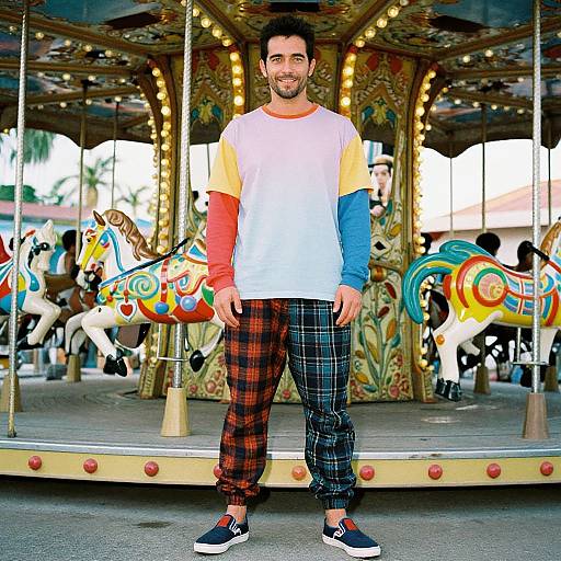 Photograph of a smiling man with dark hair and beard, wearing a colorful long-sleeve shirt and plaid pants, standing in front of a