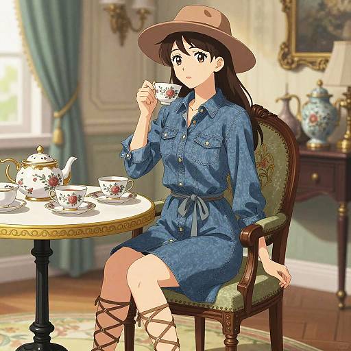 Anime-style illustration of a brunette woman in a blue denim dress and brown hat, sipping tea at a vintage table in an elegant room.
