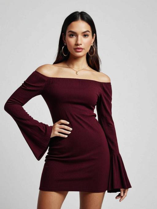 Woman in maroon off-the-shoulder mini dress