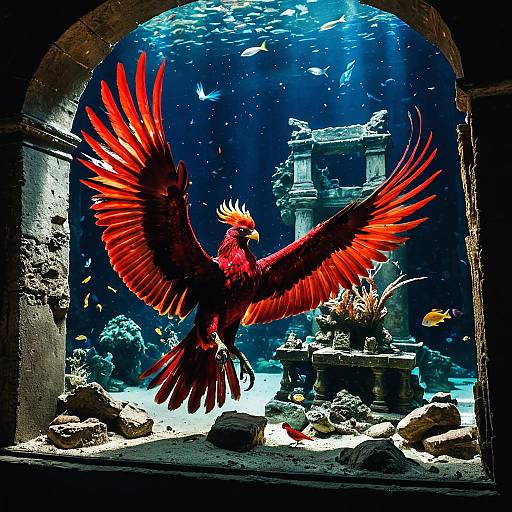 Crimson Phoenix in Ancient Sunken Aquarium Ruins