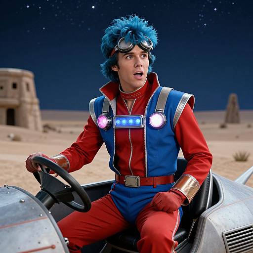 Photorealistic CGI of a blue-haired man in a red and blue space suit with glowing chest lights, driving a desert landscape at night, wearing goggles