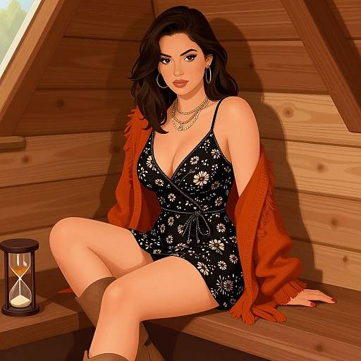 Digital illustration of a dark-haired woman with fair skin, wearing a black floral dress, orange cardigan, and gold necklace, sitting on a wooden bench