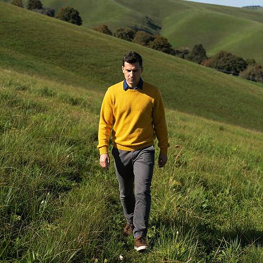 Man Walking in Sunlit Grassy Hillside