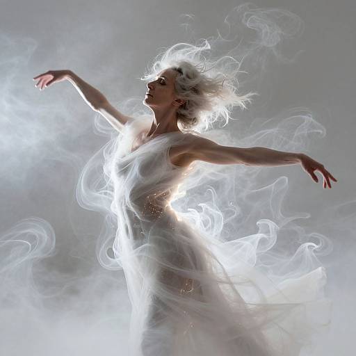 Ethereal photograph of a silhouetted, white-haired woman in a flowing, glowing white dress, surrounded by swirling mist and light, captured