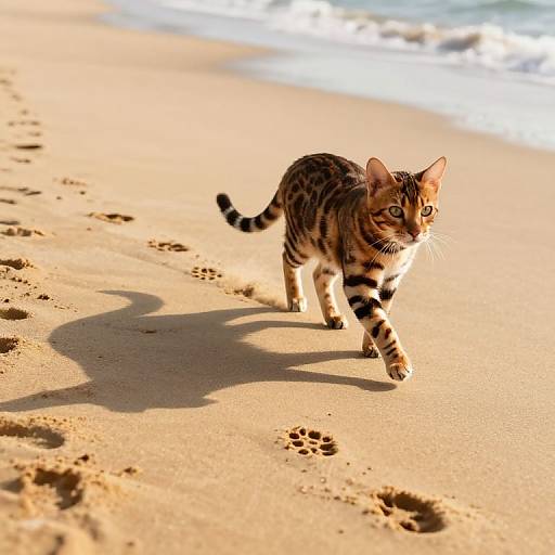 Photograph of a curious, brown and black striped tabby cat walking on a sunlit, sandy beach with footprints and gentle ocean waves in the