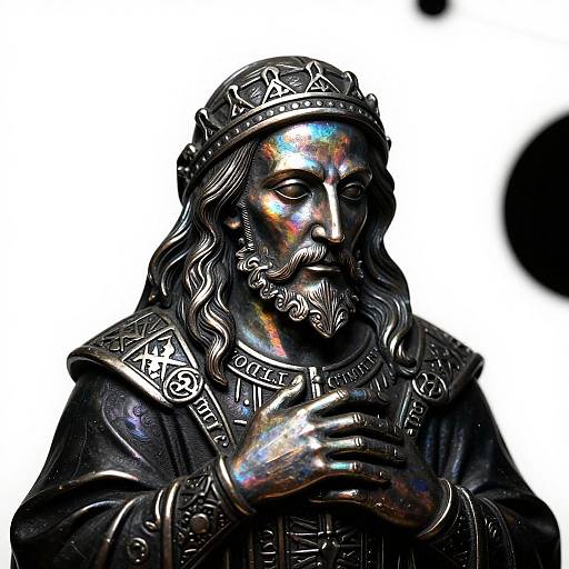 Photograph of a detailed, metallic statue of a bearded king with a crown, holding a cup, featuring iridescent rainbow highlights against a white