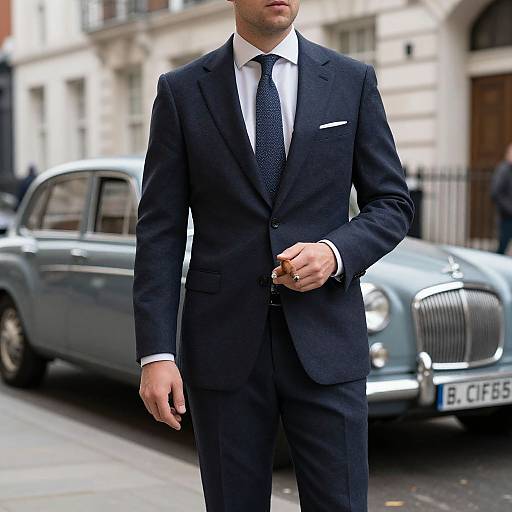 Photograph of a well-dressed man in a black suit, white shirt, and black tie, holding a cigarette, standing on a city street with