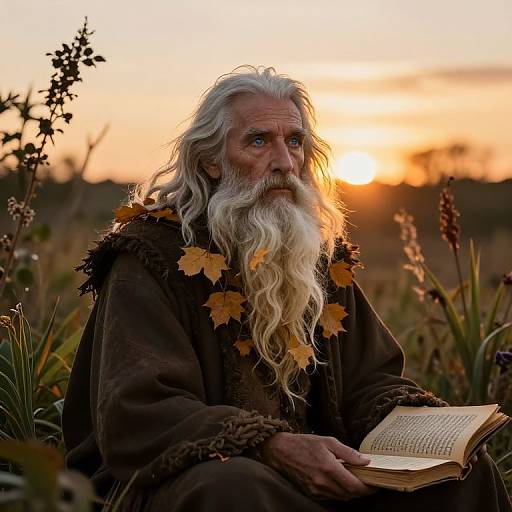 Photograph of an elderly man with a long white beard and leaf-adorned brown robe, reading an open book at sunset in a sunlit me
