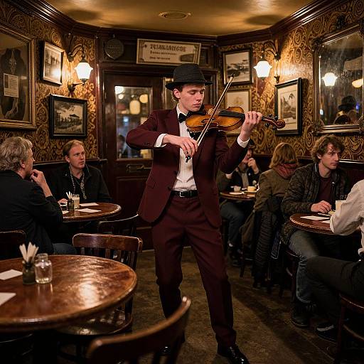 Photograph of a young man in a dark suit and black bowler hat playing violin in a dimly lit, vintage-style café with patterned wallpaper