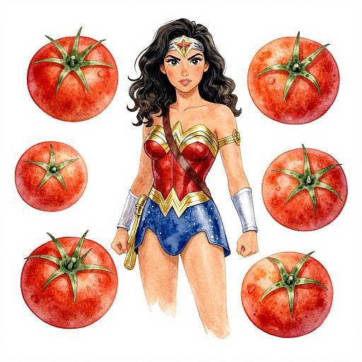 Watercolor-style illustration of Wonder Woman surrounded by eight vibrant red tomatoes. She wears her iconic red bustier, blue shorts, and gold tiara,