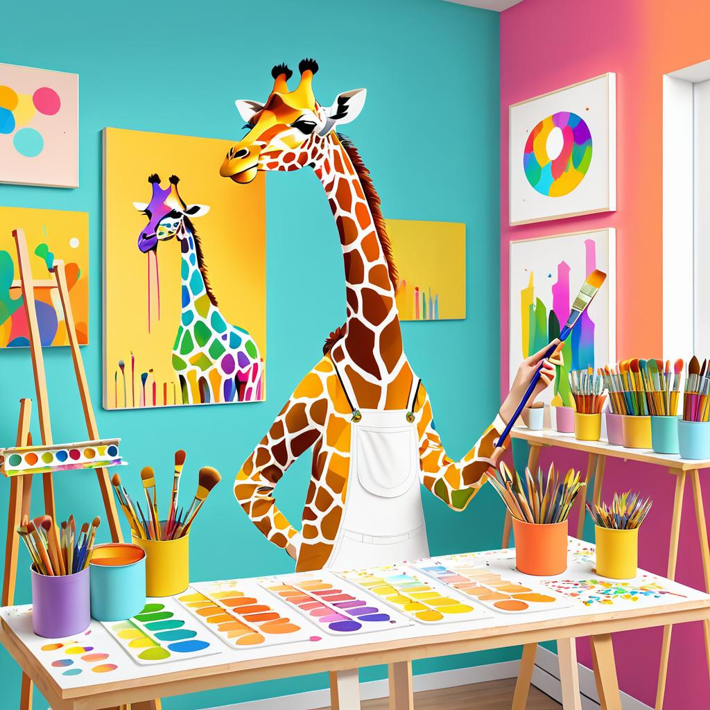 Giraffe Artist in a Colorful Studio