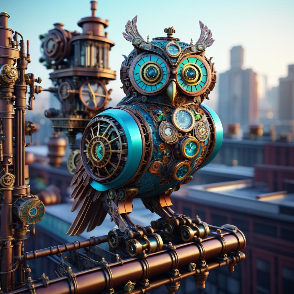 Steampunk Owl on Urban Rooftop Branch