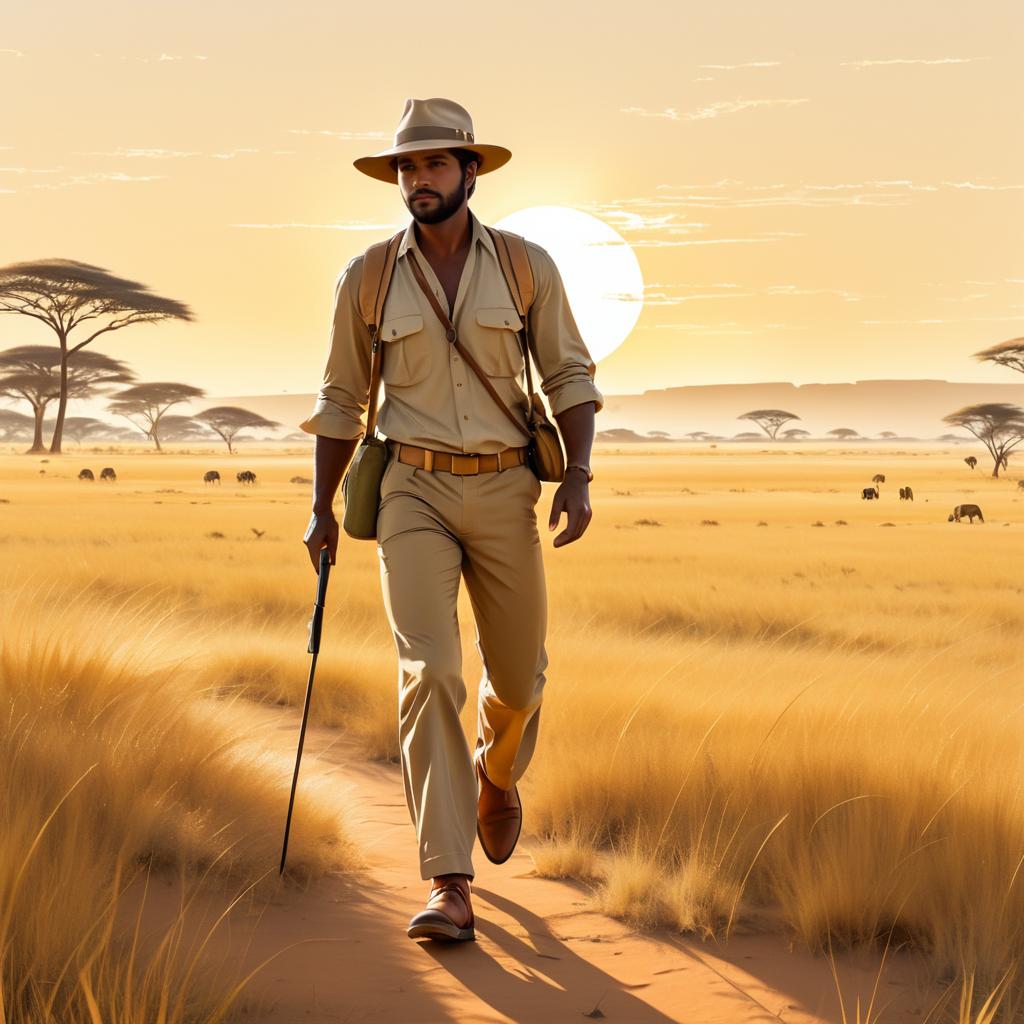 Explorer in Dreamy Savanna Landscape