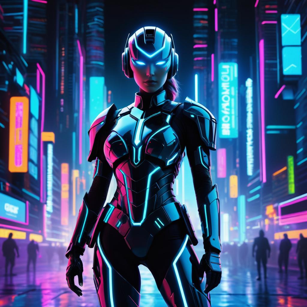 Cybernetic Warrior in Neon Cityscape