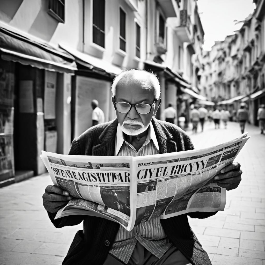 Elderly Man Reading Newspaper in Street