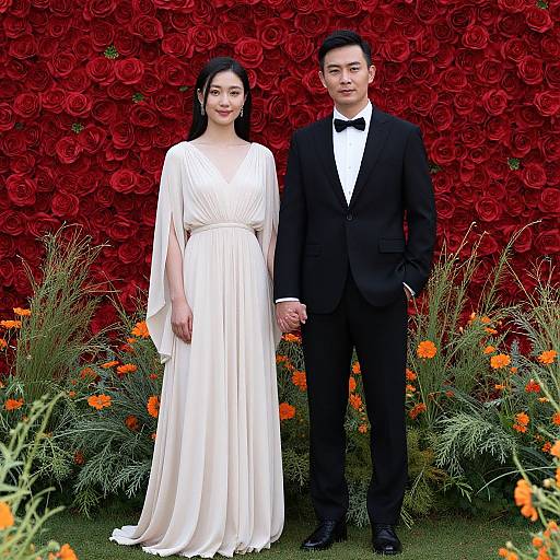 Photograph of an Asian couple in formal attire; she wears a white, flowing dress, he wears a black tuxedo, standing against a vibrant