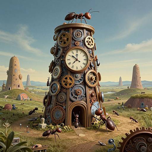 Whimsical steampunk clock tower adorned with gears and clock faces, surrounded by fantastical, grassy landscape with stone structures under a clear blue