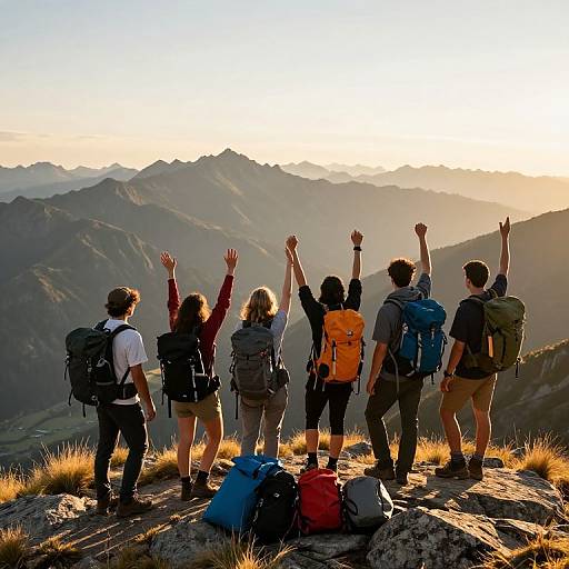 Photograph of six hikers with raised arms, standing on a rocky mountain peak at sunset, surrounded by distant, sunlit mountains.