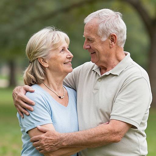 Photograph of a smiling elderly couple in a park, with the man in a light polo shirt hugging the woman in a white blouse.
