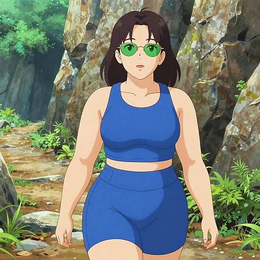 Digital anime-style drawing of a curvy woman with green eyes, black hair, wearing blue sports bra and shorts, standing in a rocky, forested