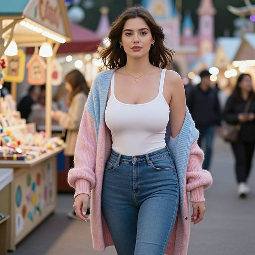 Photograph of a confident brunette woman with medium skin tone, wearing a white tank top, blue jeans, pink and blue cardigan, walking through a