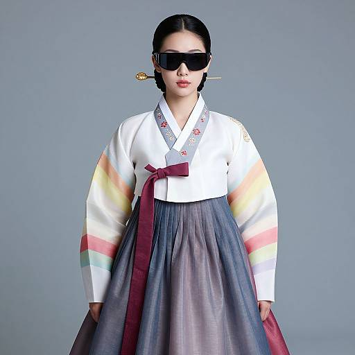 Photograph of an Asian woman with black hair in a bun, wearing black sunglasses, white traditional Korean top, multicolored sleeves, and gray skirt