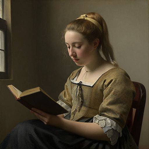 Photorealistic painting of a young woman with fair skin and brown hair in a bun, wearing a brown, lace-trimmed dress, reading a
