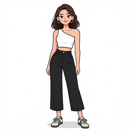 Digital illustration of a young woman with light skin, dark brown bob haircut, wearing a white one-shoulder crop top, high-waisted black