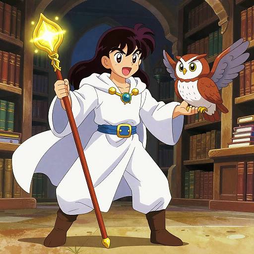 Energetic Young Mage and Magical Owl
