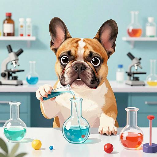 Digital illustration of a brown and white French Bulldog puppy in a laboratory, holding a test tube and examining colorful liquids.