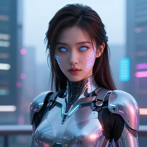 CGI image of a futuristic Asian woman with glowing blue eyes, wearing a high-tech, metallic armor suit, standing in a neon-lit cityscape