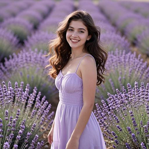 Photograph of a smiling young woman with long brown hair in a white lace sundress, standing in a vibrant lavender field.