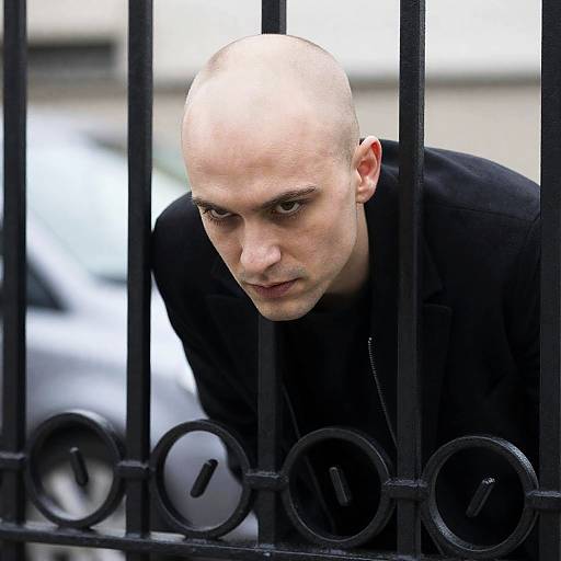 Intense Bald Man Behind Ornate Gate