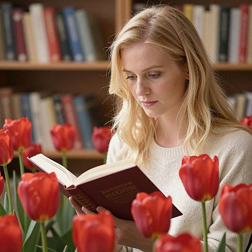 Sunlit Woman Reading Among Tulips