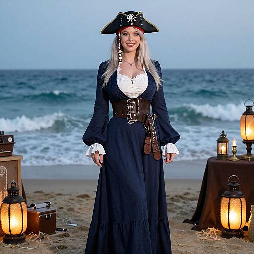 Photograph of a blonde woman with long hair, wearing a pirate hat, navy dress, white ruffled blouse, and brown corset, standing on