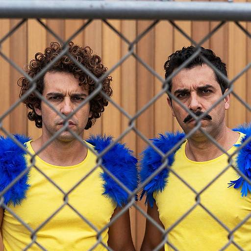 Two Men in Feathered Outfits Behind Fence