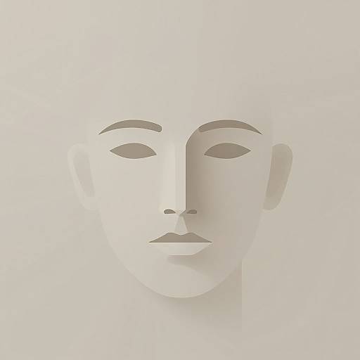 Minimalist digital illustration of a white, abstract face with simple, dark brown eyes, eyebrows, and lips, set against a bright, gradient white background