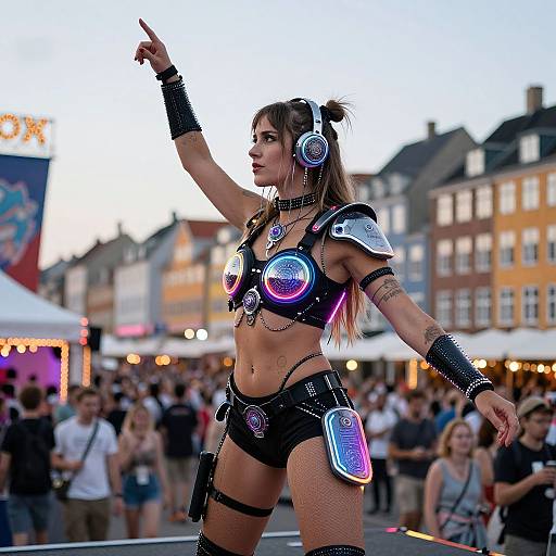 Photograph of a fit, tattooed woman with glowing neon armor, black shorts, and headphones, pointing up in a crowded outdoor festival.