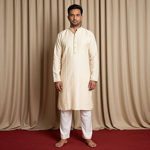 Photograph of a South Asian man with short black hair, beard, wearing a cream traditional kurta, white pants, and barefoot, standing against