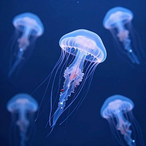 Photograph of glowing blue jellyfish with translucent, bell-shaped bodies and long, flowing tentacles, floating in a dark blue underwater environment.