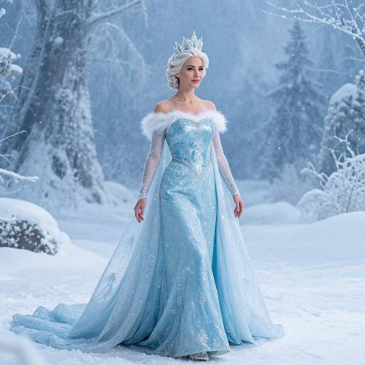 Snowy forest photograph of a fair-skinned, blonde woman in an icy blue, snowflake-embellished, off-shoulder gown with