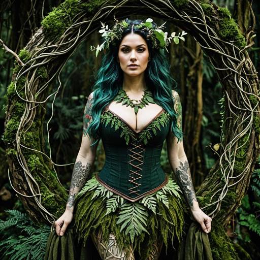 Woman in Dryad Costume with Leafy and Moss Fashion