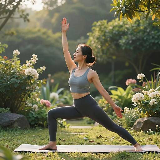 Photograph of an Asian woman in a gray sports bra and black yoga pants, performing a yoga pose outdoors in a sunlit garden.