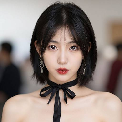 Photograph of an East Asian woman with short black hair, pale skin, red lipstick, black ribbon choker, and dangling earrings, set against a