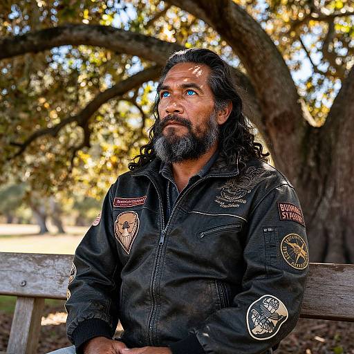 Photograph of a middle-aged man with long black hair and beard, wearing a black, embroidered jacket, sitting on a wooden bench in a sunlit