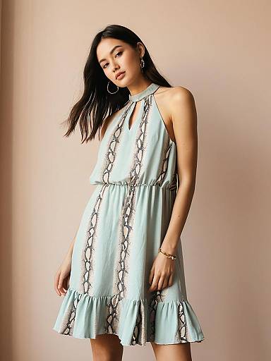 Woman in Sleeveless Halterneck Snake Print Dress